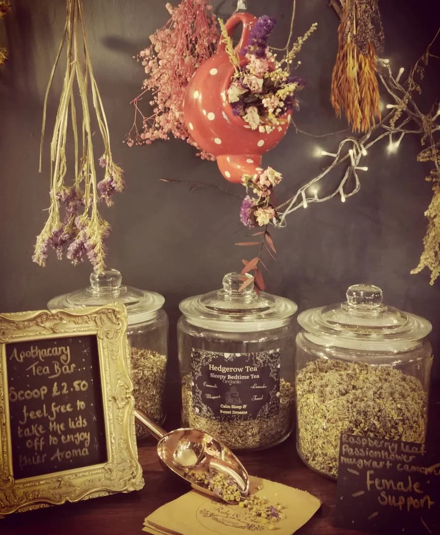 The Apothecary Tea Bar — apothecary jars of loose-leaf blends beneath hanging dried botanicals and fairy lights